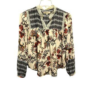 Loft Lace Detail Floral Mosaic Peasant Top Sz M Long Sleeves Pullover Boho Hippi